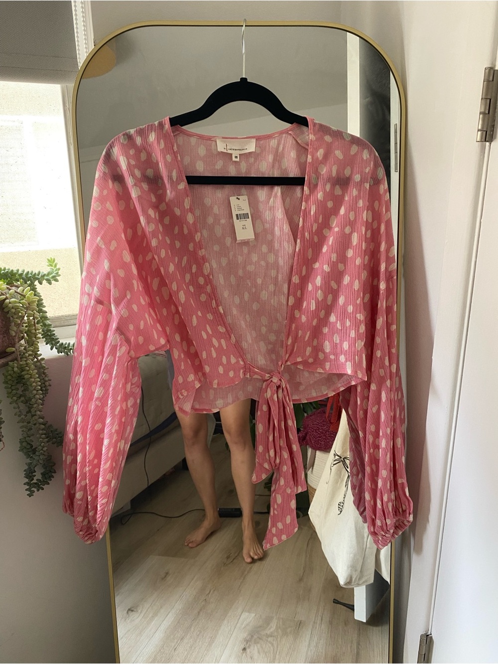 Anthropologie Pink Polka Dot Tie-Front Sheer Top